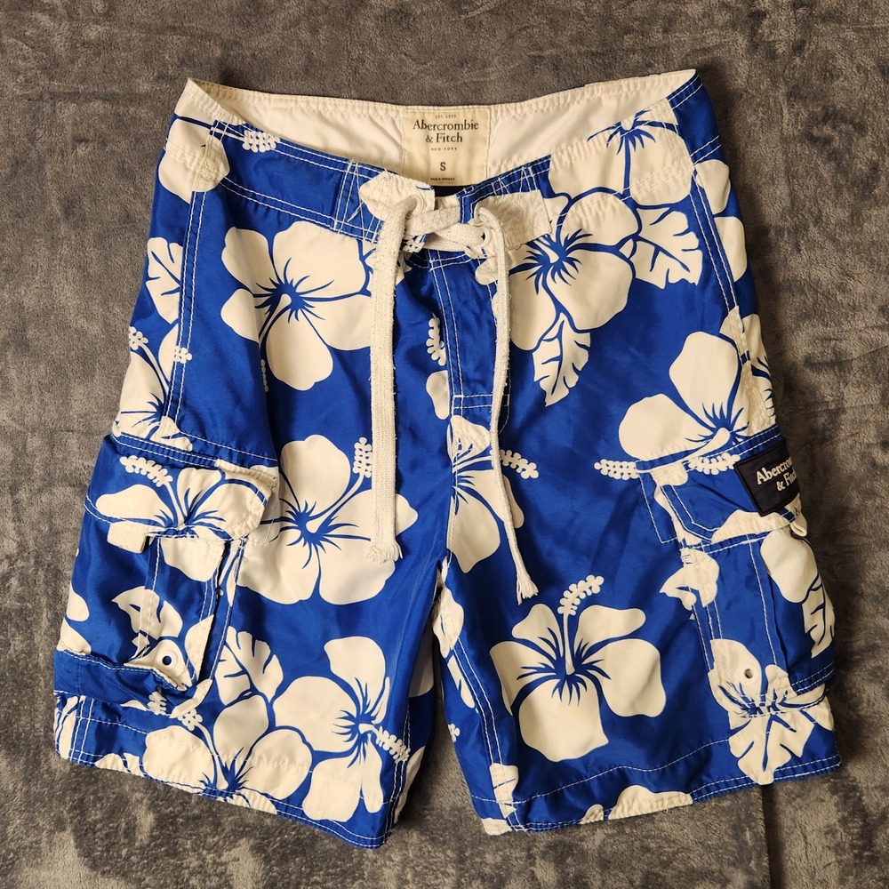 Abercrombie & Fitch Mens Vtg Blue White Hibiscus Floral Cargo Board Shorts Sz S